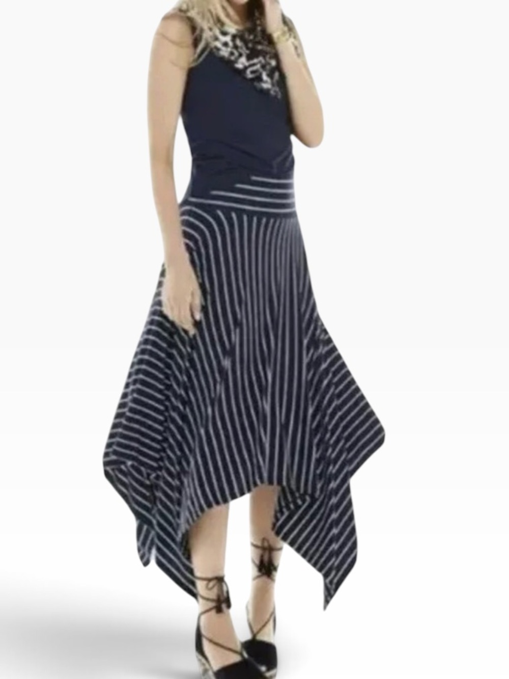 CAbi Navy Blue Striped Knit Asymmetrical Handkerchief Hem "Twirl" Skirt #5183 XL